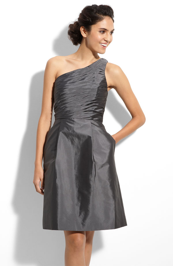 Grey Column Asymmetric One Shoulder Knee Length Zipper Ruffled Satin Bridesmaid Dresses