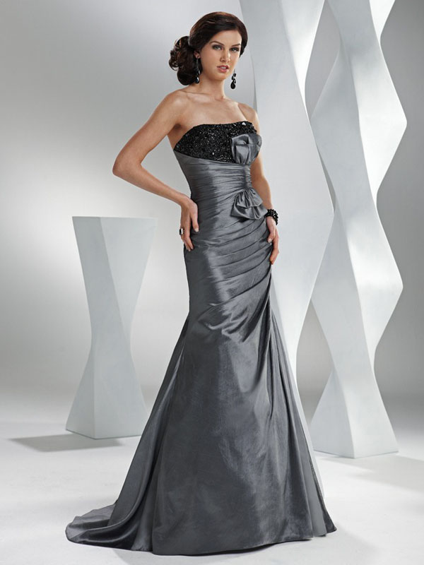 Mermaid Strapless Bandage Sweep Train Dark Grey Full Length Prom Dresses With Jewel And Drapes