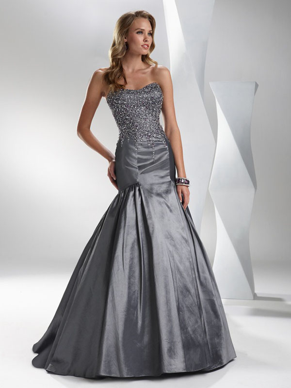 Dark Grey Mermaid Strapless Lace Up Sweep Train Floor Length Satin Prom Dresses With Jewel And Drapes