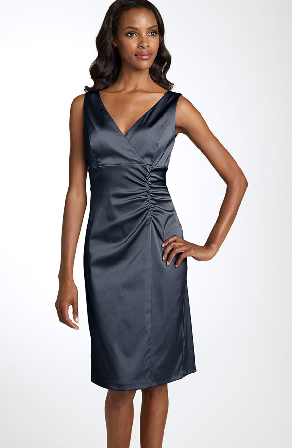 Dark Grey Sheath Column V Neck Knee Length Zipper Satin Bridesmaid Dresses