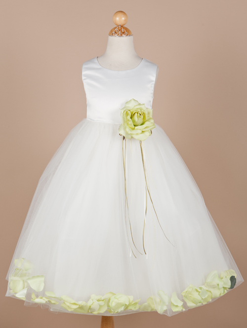 Ivory Bateau Tea Length A Line Flower Girl Dresses With Lemon Green Flowers 