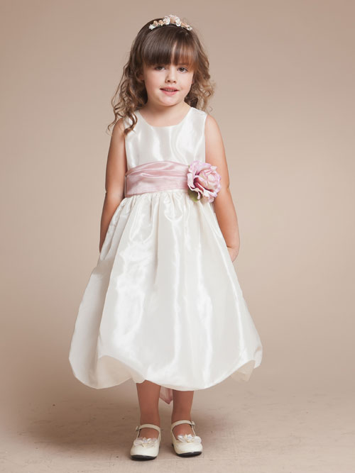 Ivory Bateau Zipper Tea Length A Line Flower Girl Dresses With Pink Flowers Belt 