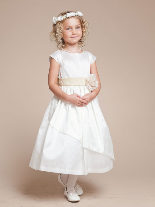 White A Line Bateau Zipper Tea Length Flower Girl Dresses With Ivory Sash And Flowers 