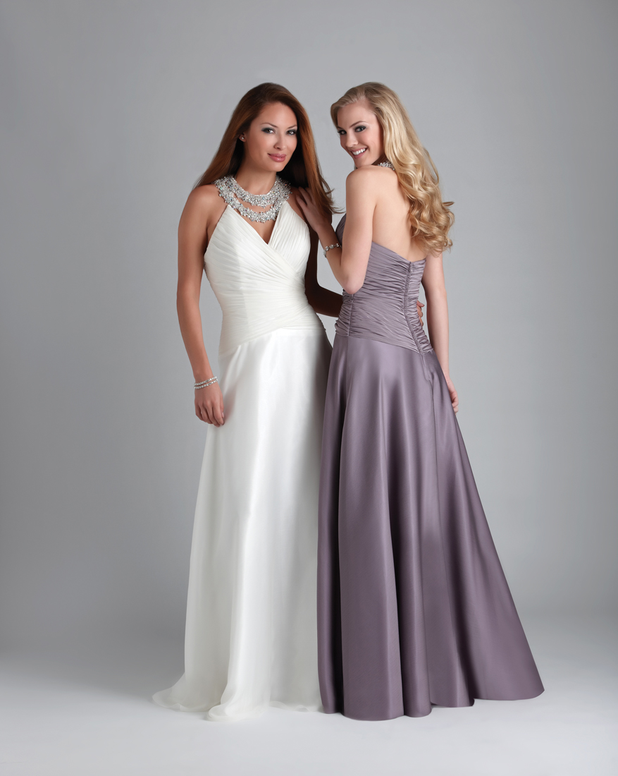 Luxurious White A Line Halter And V Neck Zipper Floor Length Satin Prom Dresses