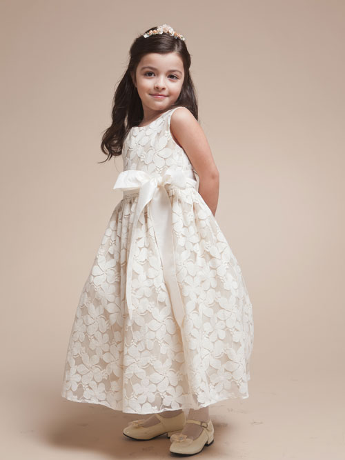 Ivory A Line Sleeveless Bateau Zipper Ankle Length Lace Flower Girl Dresses With Sash 