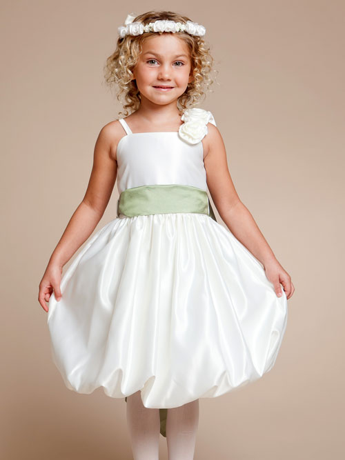 Ivory Square Neckline Zipper Knee Length A Line Flower Girl Dresses With Rosette And Sage Sash