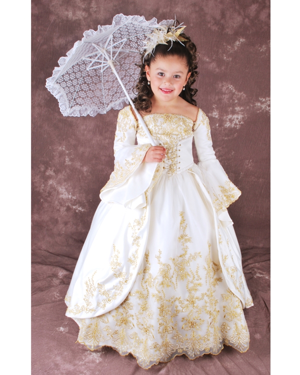 Ivory Ball Gown Square Neckline Long Sleeves Lace Up Floor Length Flower Girl Dresses With Gold Embroidery