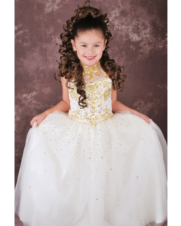 Ivory High Neck Lace Up Floor Length Ball Gown Flower Girl Dresses With Gold Beading And Sequins