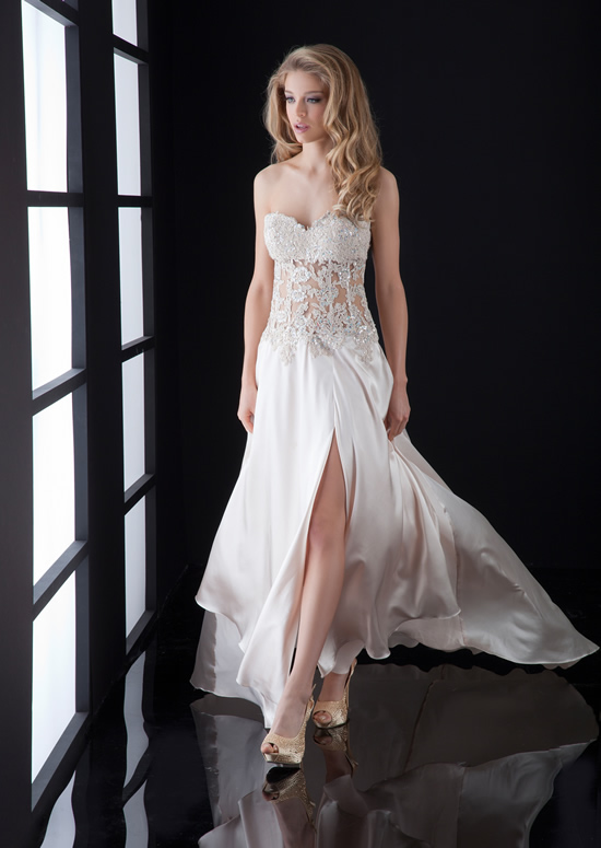 Ivory Column Strapless Sweetheart Zipper Sweep Train Beading Lace Floor Length Evening Dresses With High Slit