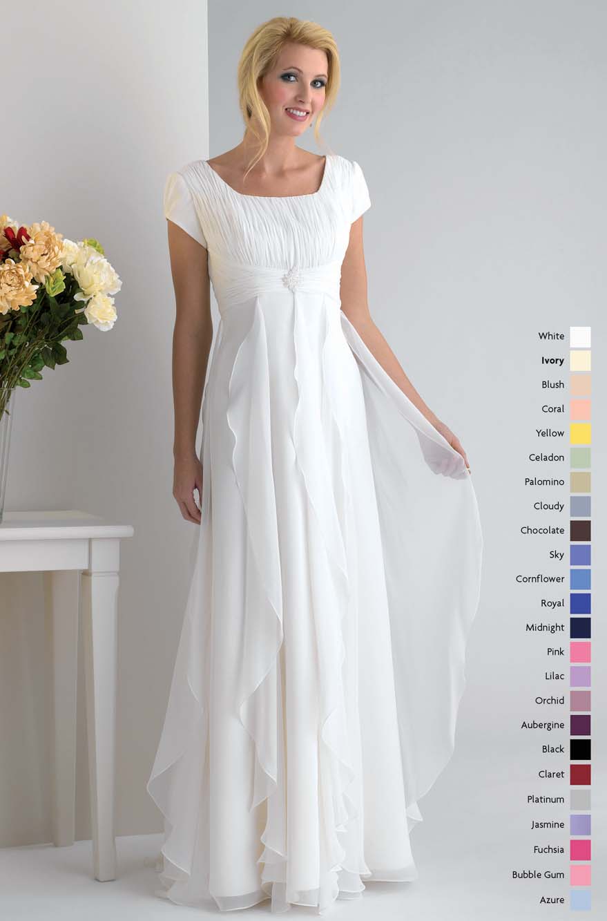 White Square Neckline Short Sleeves Zipper Full Length Empire Mother Of Bride Dresses With Ruffles 