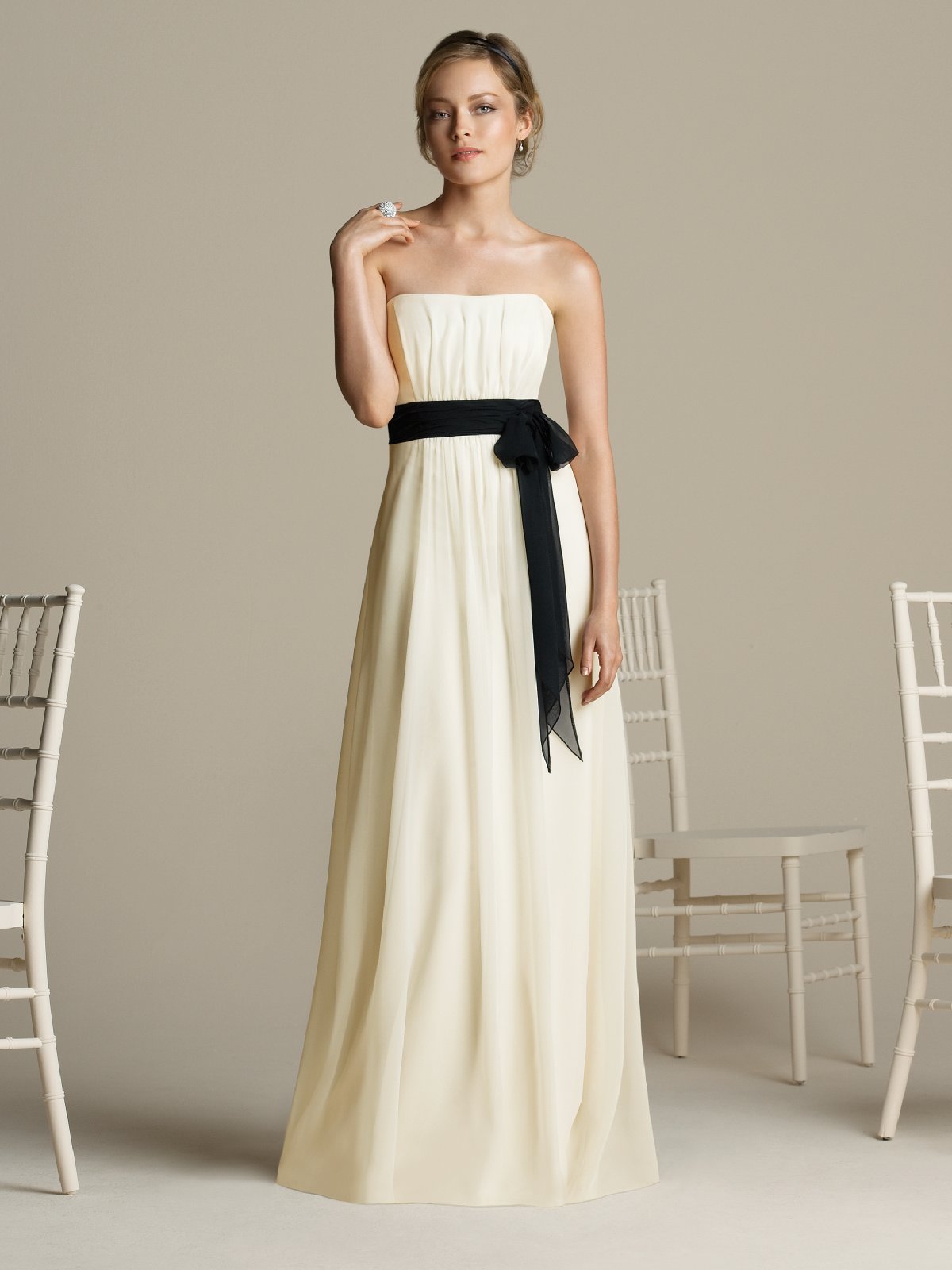 Ivory Empire Strapless Zipper Floor Length Draped Chiffon Prom Dresses With Black Sash 