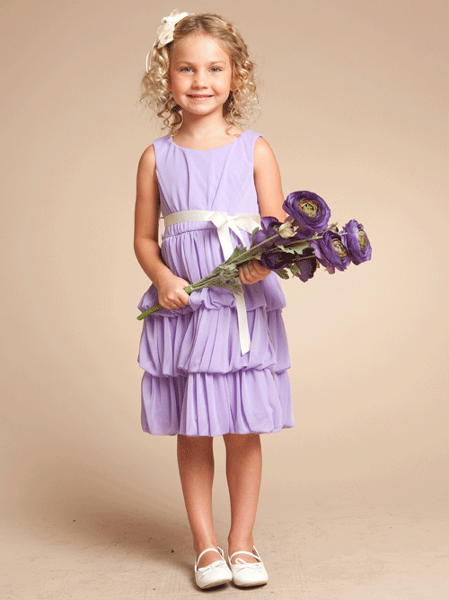 Lavender A Line Bateau Neck Knee Length Tiered Flower Girl Dresses With Ruffles And Ivory Sash