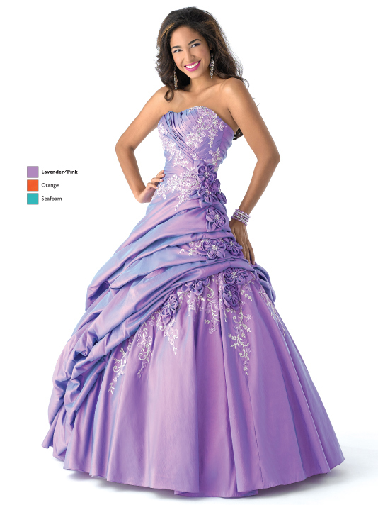 Lavender A Line Strapless Lace Up Full Length Taffeta Prom Dresses With Embroidery And Appliques 