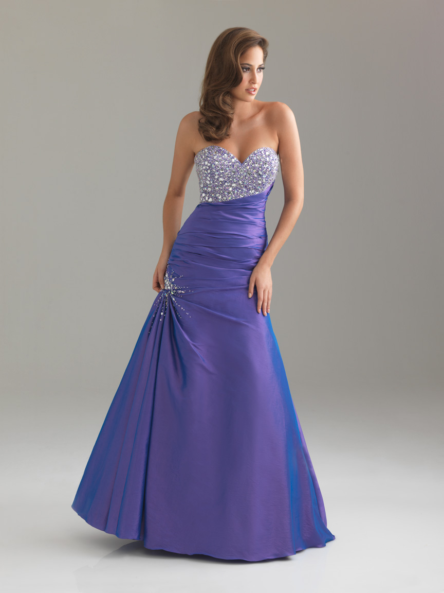 Purple A Line Strapless Sweetheart Floor Length Zipper Sequined Satin Prom Dresses