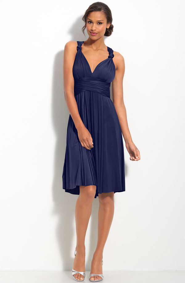 Navy Blue A Line Deep V Neck And Strap Cross Back Pleats Knee Length Prom Dresses