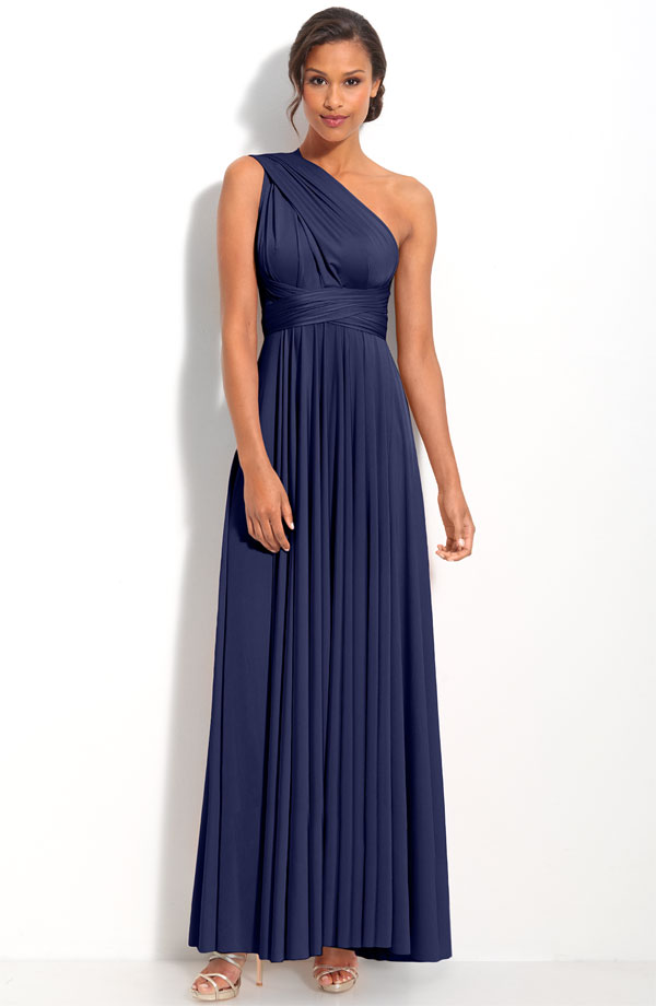 Navy Blue Column One Shoulder Open Back Pleated Ankle Length Prom Dresses