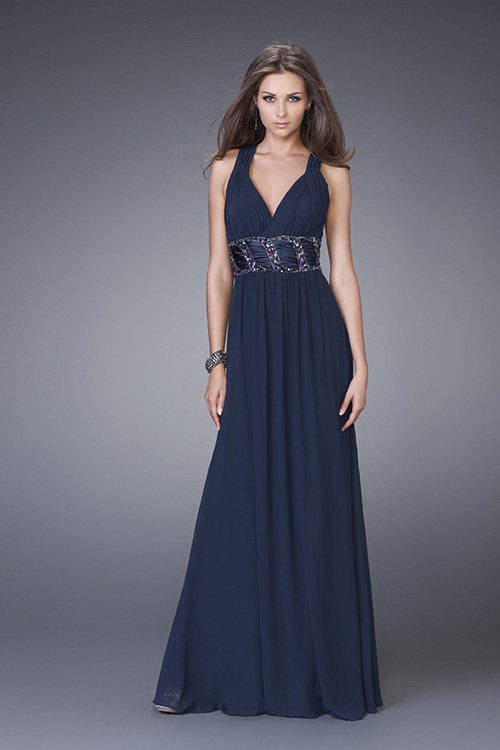 Navy Blue Column V Neck And Strap Cross Back Full Length Pleated Celebrity Dresses With Beading Belt