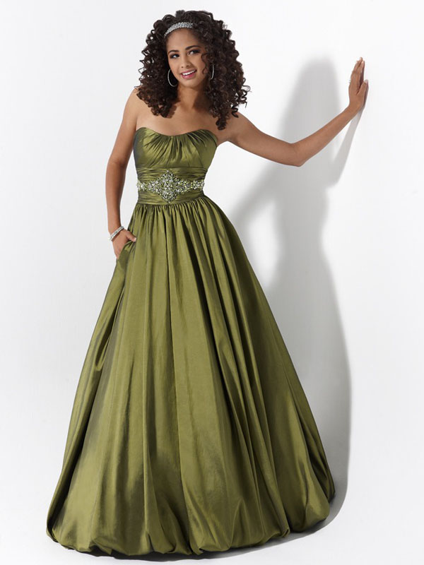 Olive A Line Strapless Sweetheart Lace Up Floor Length Prom Dresses With Beading And Ruffles 