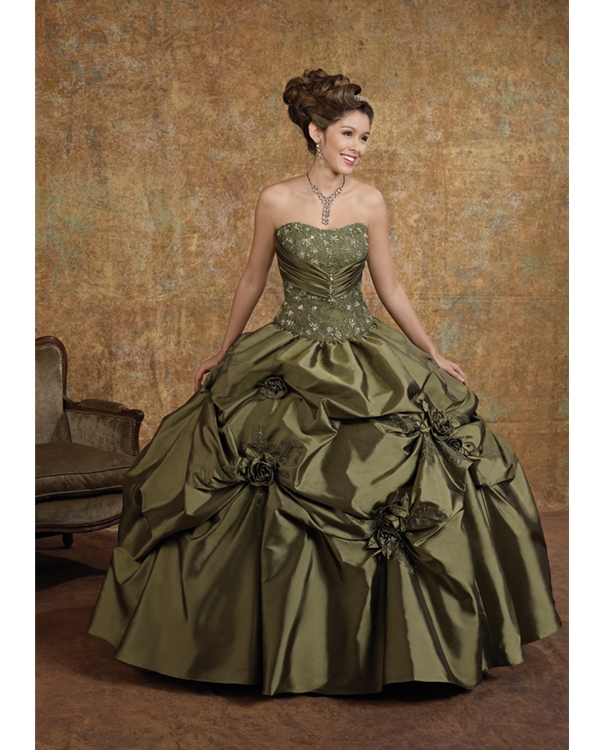 Olive Ball Gown Strapless Lace Up Floor Length Ruffled Quinceanera Dresses With Embroidery And Flowers