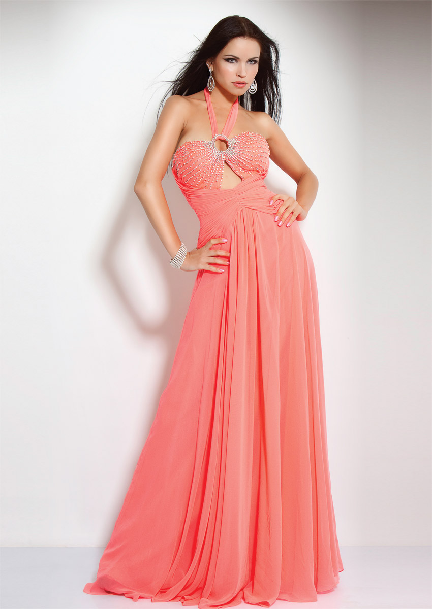Apricot A Line Halter Backless Sweep Train Beading And Pleats Floor Length Evening Dresses