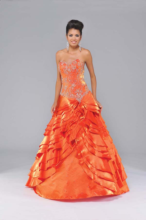Orange A Line Strapless Sweetheart Lace Up Sweep Train Full Length Satin Prom Dresses With Beading Embroidery And Ruffles 