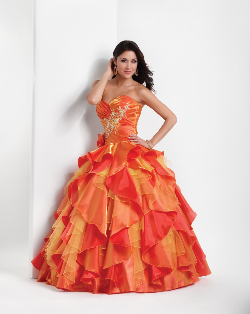 Orange And Red Ball Gown Sweetheart Full Length Quinceanera Dresses With Beading And Ruffles 