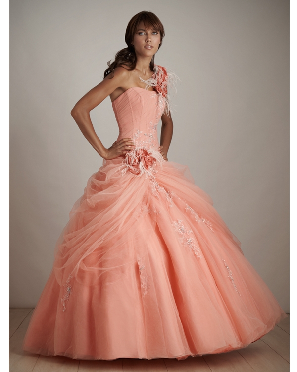 Apricot Pink Ball Gown One Shoulder Lace Up Full Length Quinceanera Dresses With Appliques And Rosette And Ruffles 