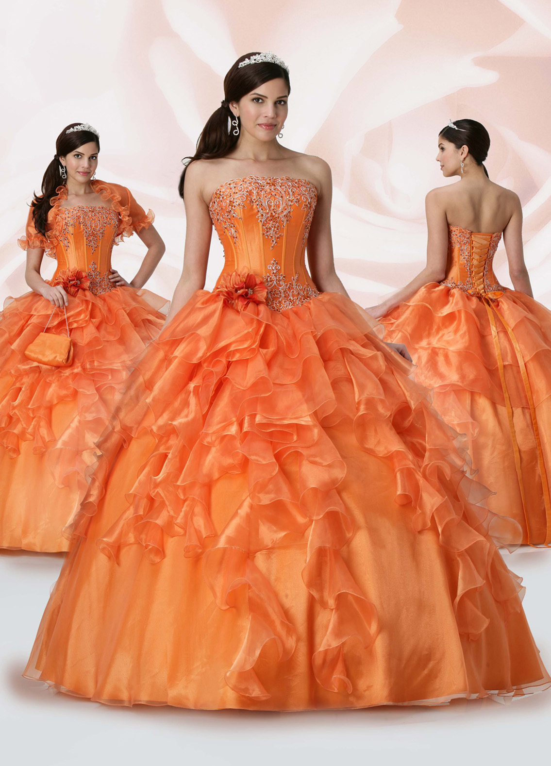 Orange Ball Gown Strapless Lace Up Floor Length Embroidered And Ruffled Quinceanera Dresses