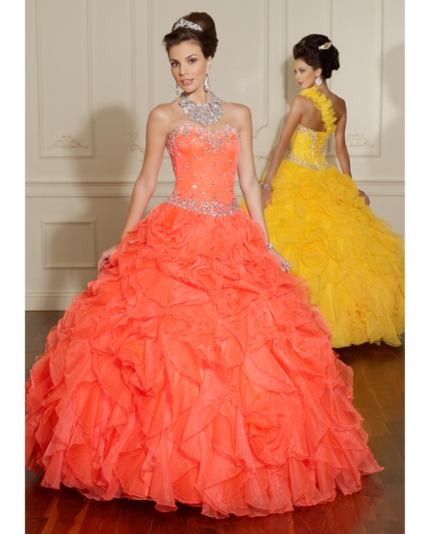 Orange Red Ball Gown Strapless Sweetheart Floor Length Quinceanera Dresses With Sequins And Ruffles 