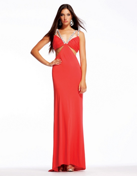 Orange Red Column Deep V Neck Open Back Sweep Train Ankle Length Evening Dresses With Sequins