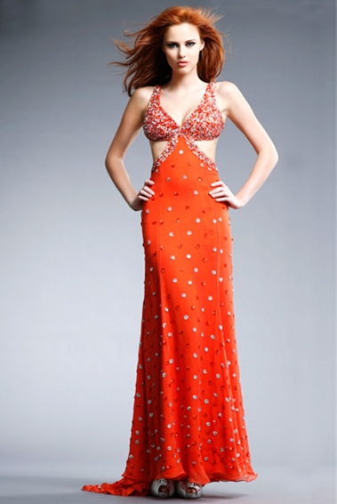 Orange Empire V Neck And Strap Open Back Sweep Train Beading Ankle Length Evening Dresses