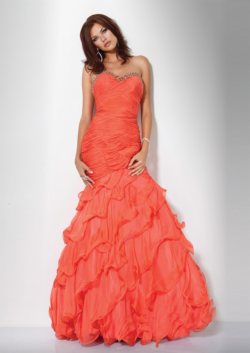 Orange Mermaid Sweetheart Full Length Zipper Prom Dresses With Ruches And Tulle 
