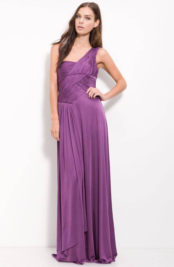 Orchid Column One Shoulder Zipper Ruffled Floor Length Chiffon Prom Dresses With Ruffles