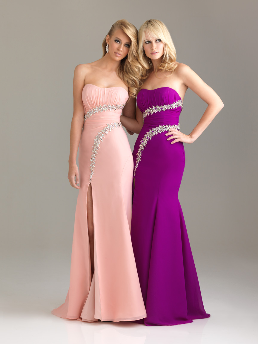 Peach Column Strapless Zipper Full Length Chiffon Evening Dresses With Beading And High Slit 