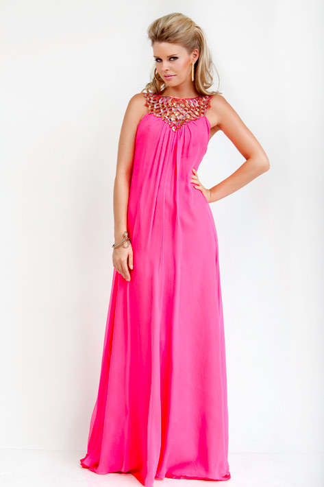Pink A Line Bateau Low Back Sequined Floor Length Evening Dresses