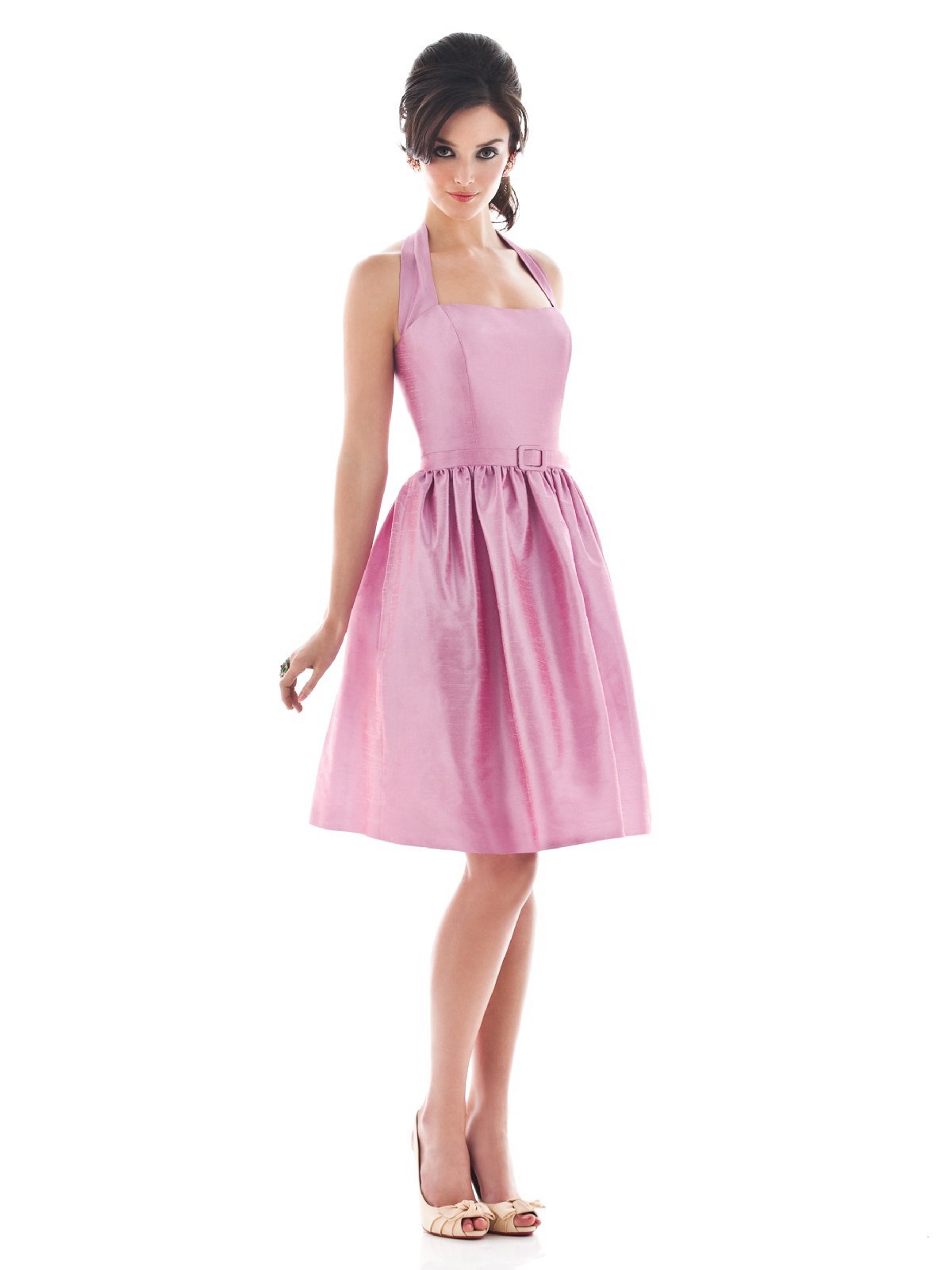Pink A Line Halter Zipper Knee Length Prom Dresses With Belt And Draped Skirt 