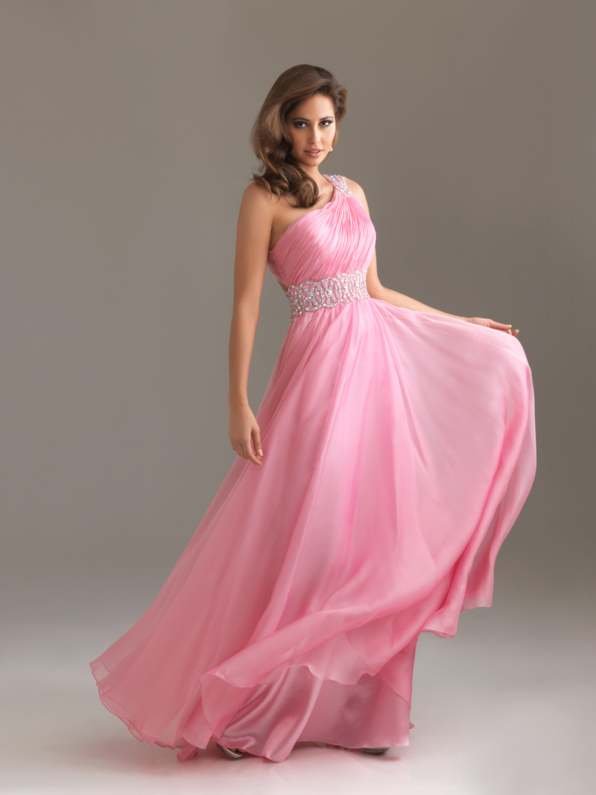 Pink A Line One Shoulder Backless Pleat Floor Length Celebrity Dresses With Sequins