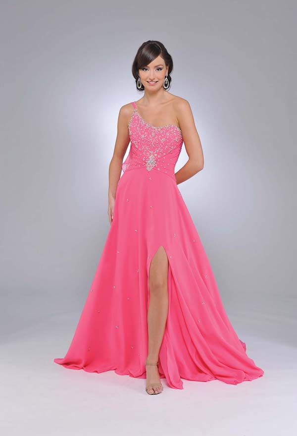 A Line One Shoulder Backless Sweep Train Floor Length Pink Chiffon Prom Dresses With Beading And Side Slit 