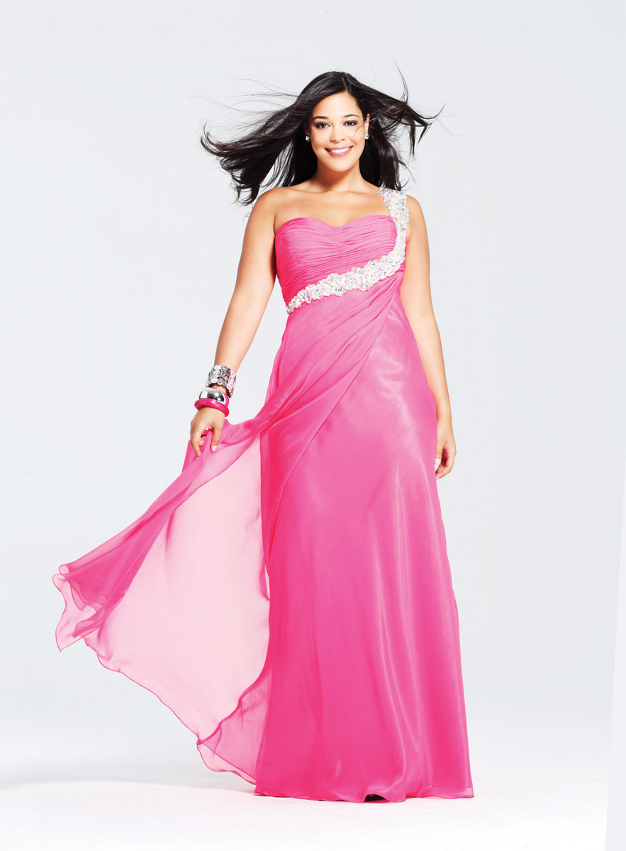 Airy Pink A Line One Shoulder Low Back Full Length Evening Dresses With Appliques 