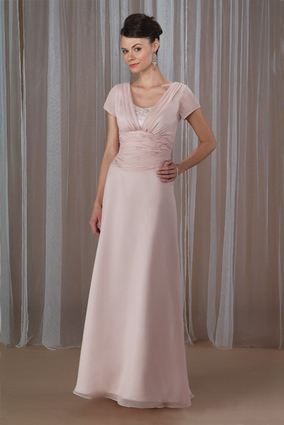 Pearl Pink A Line Scoop And Short Sleeve Ruches Floor Length Chiffon Prom Dresses