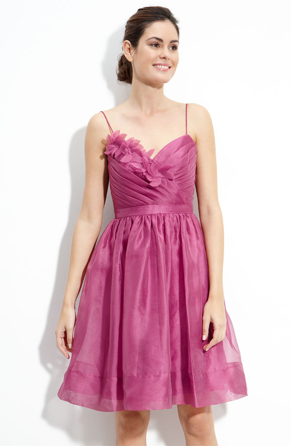 Pink A Line Spaghetti Straps Sweetheart Zipper Knee Length Prom Dresses With Appliques And Drapes