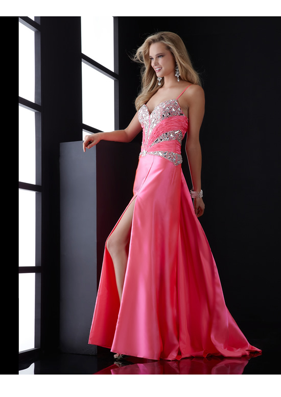Pink A Line Spaghetti Straps And Sweetheart Zipper Sweep Train Full Length Evening Dresses With Sequins