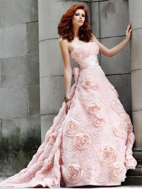 Pink A Line Strapless Full Length Zipper Sweep Brush Train Prom Dresses With Rosettes