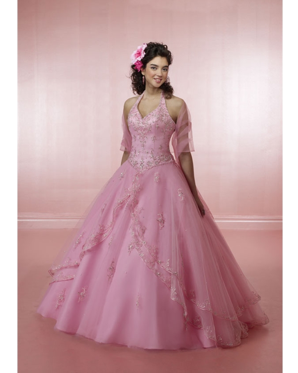 Pink Ball Gown Halter And V Neck Lace Up Full Length Quinceanera Dresses With Beading Embroidery