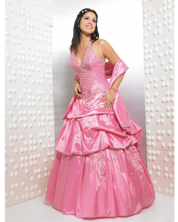 Pink Ball Gown Halter Low Back And Lace Up Floor Length Embroidered And Ruffled Taffeta Quinceanera Dresses