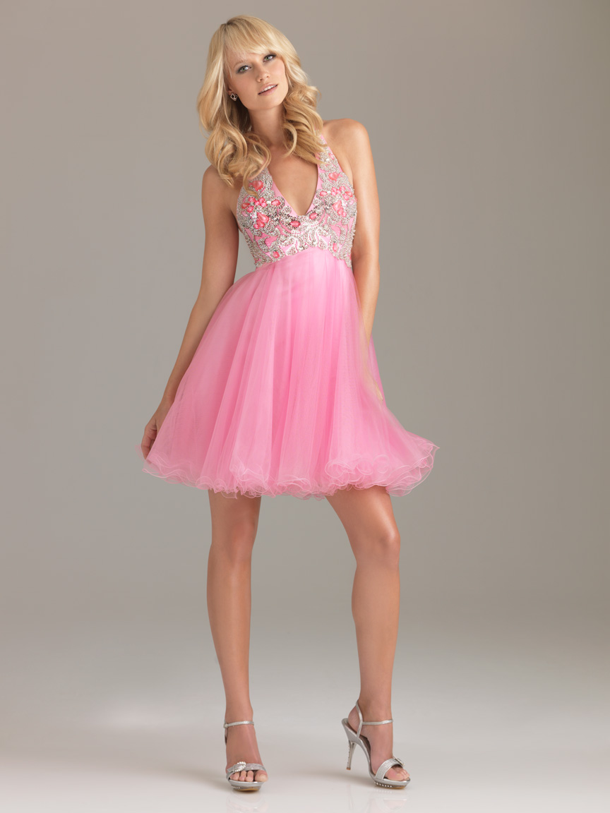 Pink Ball Gown Halter Short Length Zipper Beaded Tulle Cocktail Dresses