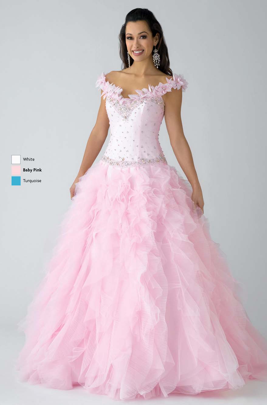 Pink Ball Gown Off The Shoulder And V Neck Zipper Sweep Train Floor Length Ruffled Prom Dresses