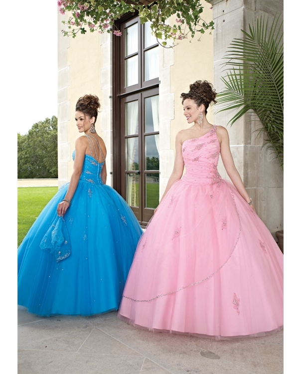 Hot Sale One Shoulder Zipper Floor Length Pink Ball Gown Pleated Tulle Quinceanera Dresses