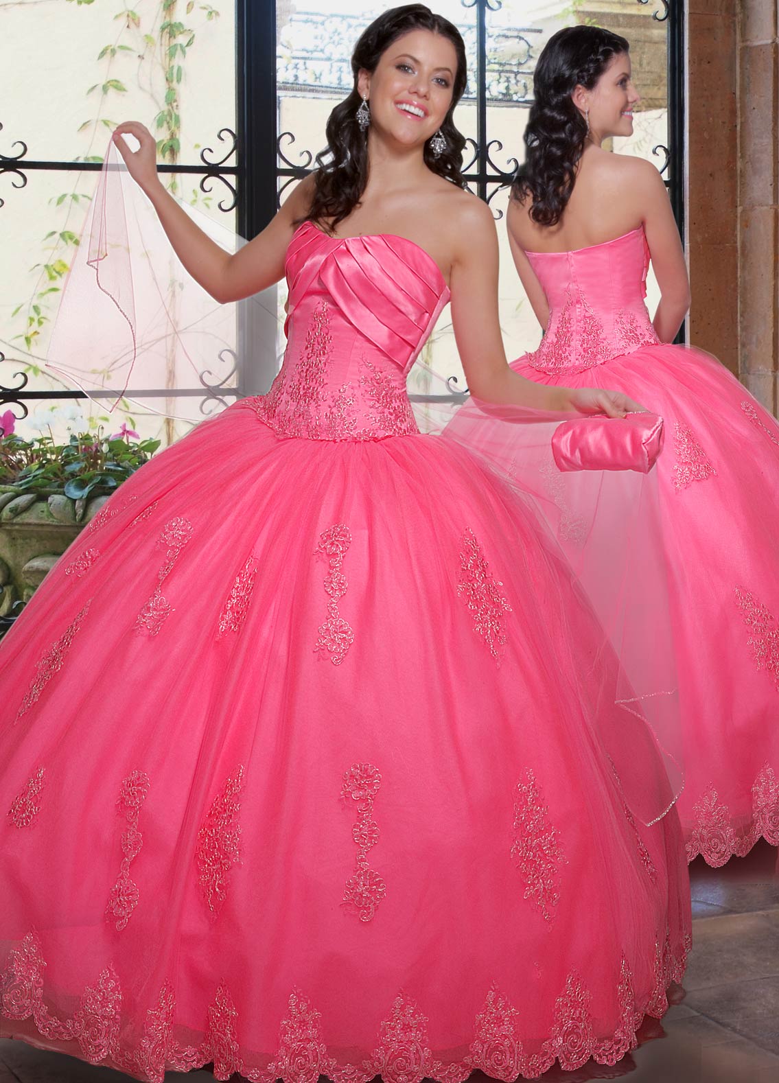Strapless Zipper Floor Length Pink Ball Gown Quinceanera Dresses With Embroidery And Ruffles 