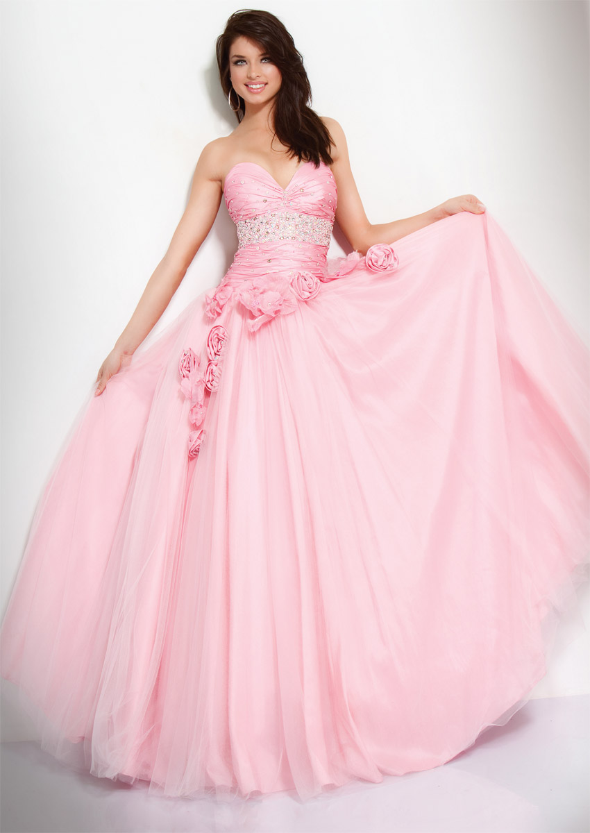 Pink Ball Gown Sweetheart Full Length Zipper Prom Dresses With Beading And Flowers